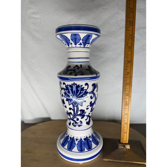 12 inch Hand Painted Blue and White Ceramic Candle Holder - Picture 5 of 7